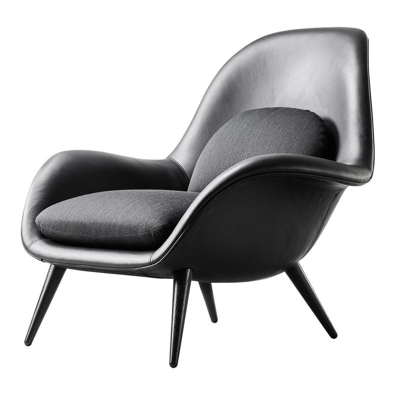 Stylish black leather chair with a smooth finish and gray fabric cushion, featuring sleek tapered legs.