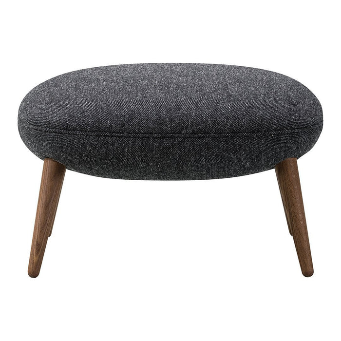Stylish oval ottoman featuring a dark gray textured fabric and warm wooden legs for a modern touch.