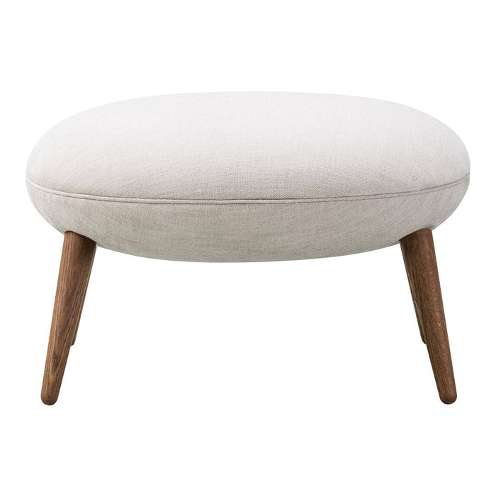Light beige round ottoman with a soft linen texture and wooden legs for a modern aesthetic. Perfect for any decor.