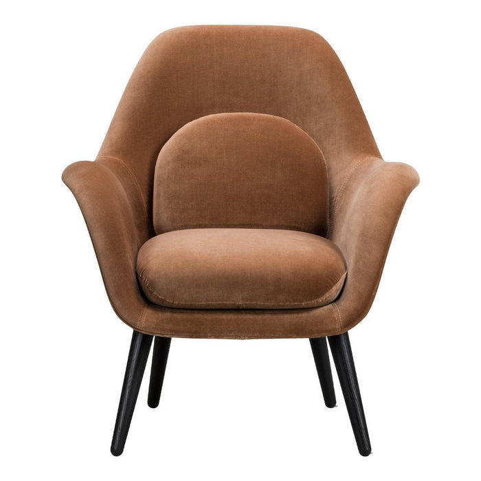 Brown velvet accent chair with a smooth, curved design and black wooden legs, perfect for modern interiors.