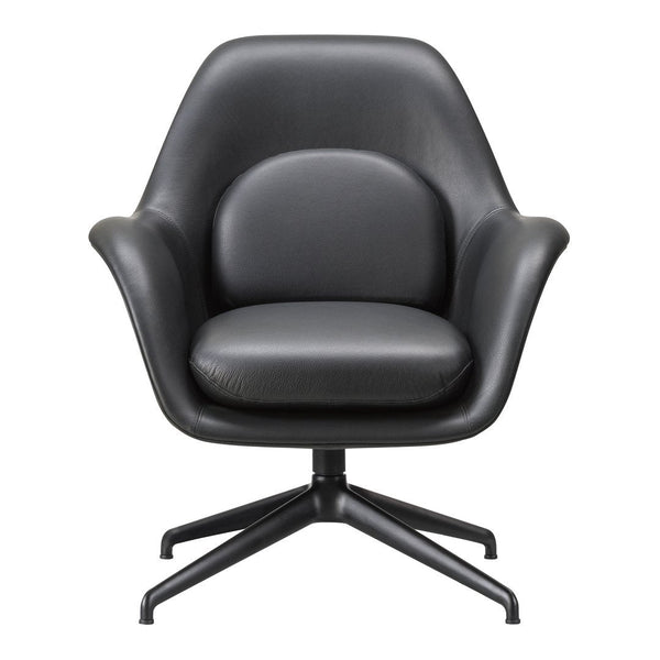 Sleek black leather chair with a smooth, minimalist design and a sturdy, stylish black base.