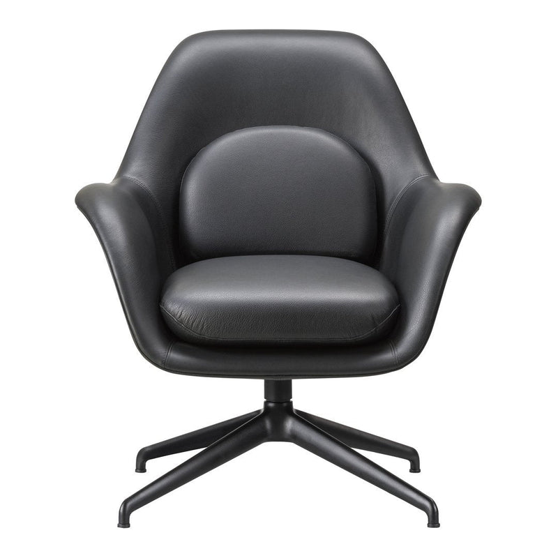Sleek black leather chair with a smooth, minimalist design and a sturdy, stylish black base.