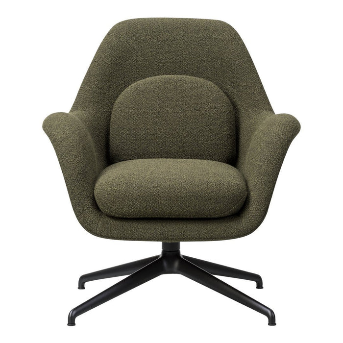 Green textured upholstery armchair with a smooth, rounded design and a sleek black metal base. Perfect for modern decor.