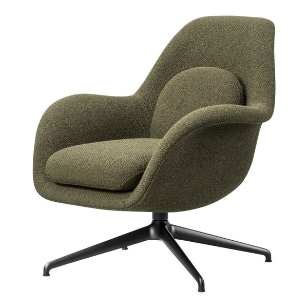Olive green upholstered lounge chair with a sleek black base and smooth, curved lines for a modern look.