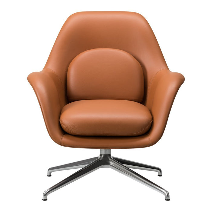 Brown leather swivel chair with sleek chrome base and modern, curved design. Soft, smooth texture and minimalist style.