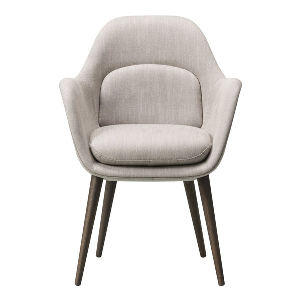Light gray upholstered chair with a smooth texture and wooden legs, featuring a minimalist design and modern appeal.