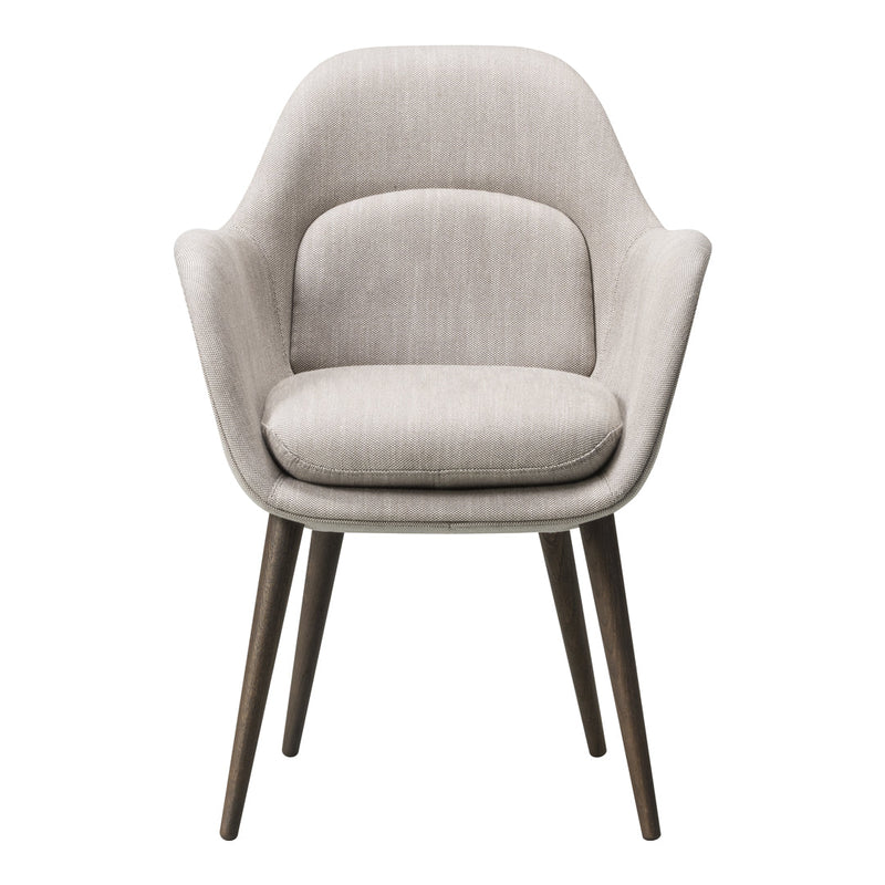 Light gray upholstered chair with a smooth texture and wooden legs, featuring a minimalist design and modern appeal.