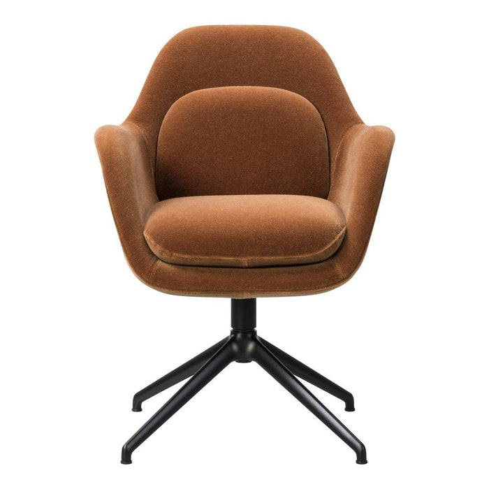 Brown upholstered chair with a modern design and black metal legs, perfect for stylish decor.
