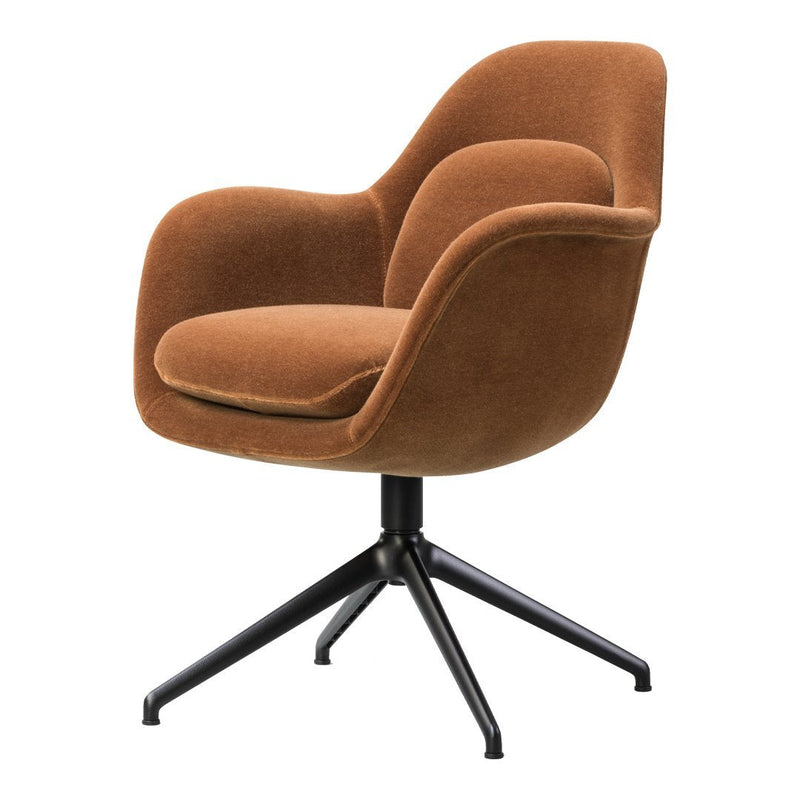 Brown upholstered chair with a sleek design and black metal base, featuring a smooth, minimalist aesthetic.