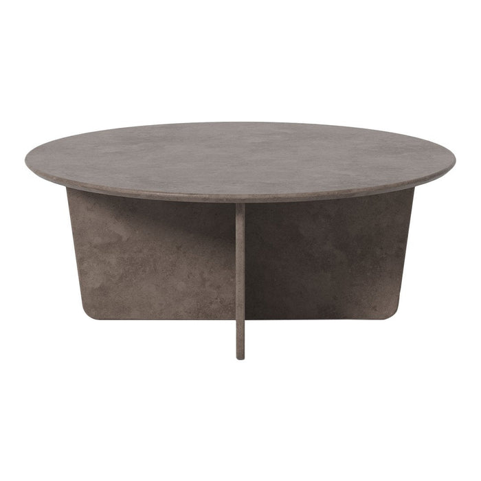 Round coffee table in a smooth, muted gray finish, featuring a minimalist design with subtle texture. Perfect for modern decor.
