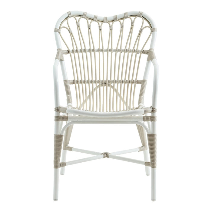 Elegant white chair with intricate beige and natural woven patterns, perfect for a stylish decor.
