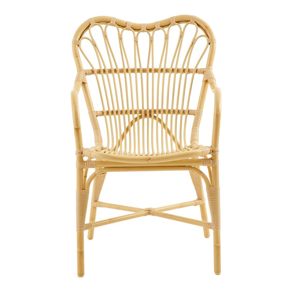 Natural bamboo dining chair with a sleek, heart-shaped back and intricate woven pattern, showcasing a warm beige tone.