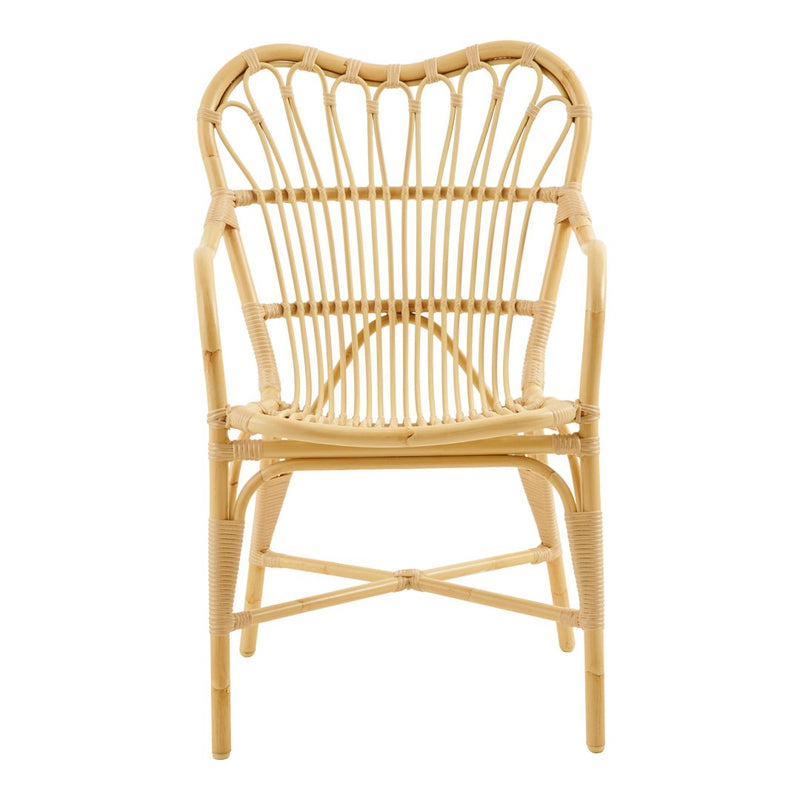 Natural bamboo dining chair with a sleek, heart-shaped back and intricate woven pattern, showcasing a warm beige tone.