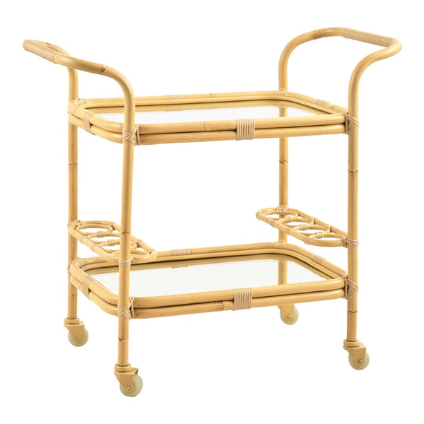 Natural bamboo bar cart with a light tan finish and clear glass shelves, featuring a sleek, minimalist design.
