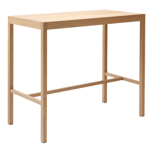 Natural wood finish bar table with a smooth surface and clean lines, showcasing a minimalist design.