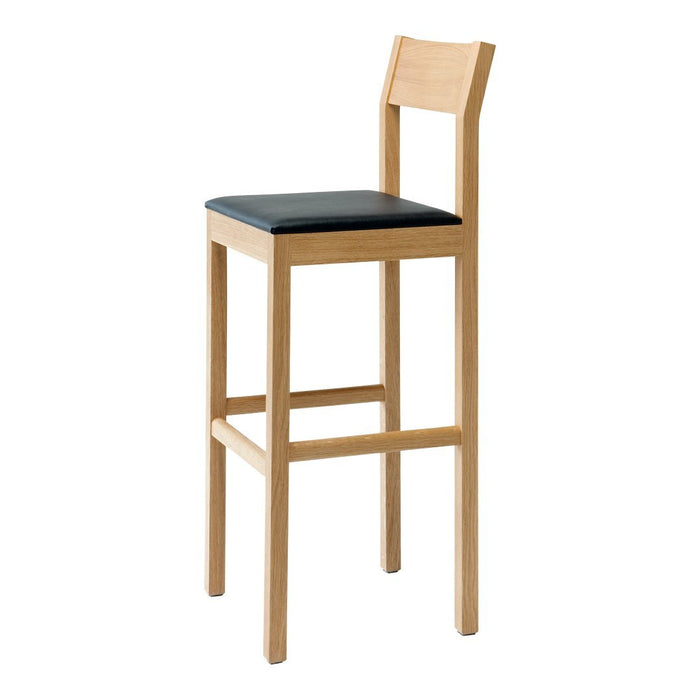 "Natural wood bar stool with a black padded seat, featuring a minimalistic design and clean lines."