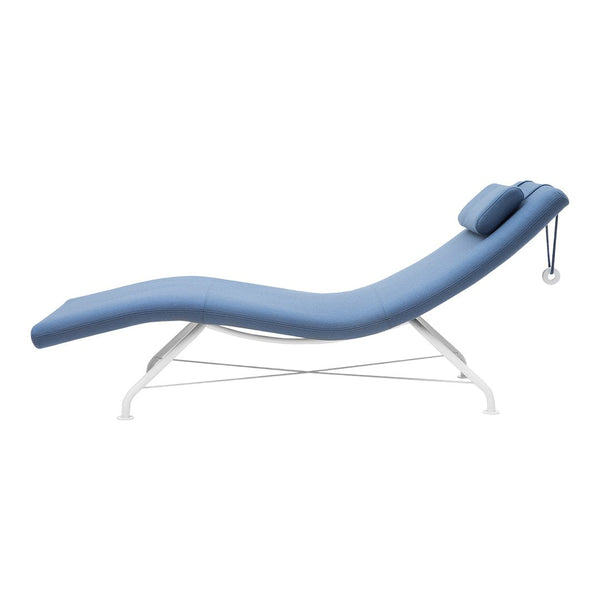 Light blue chaise lounge with a smooth, curved design and white metal frame. Perfect for modern outdoor or indoor spaces.