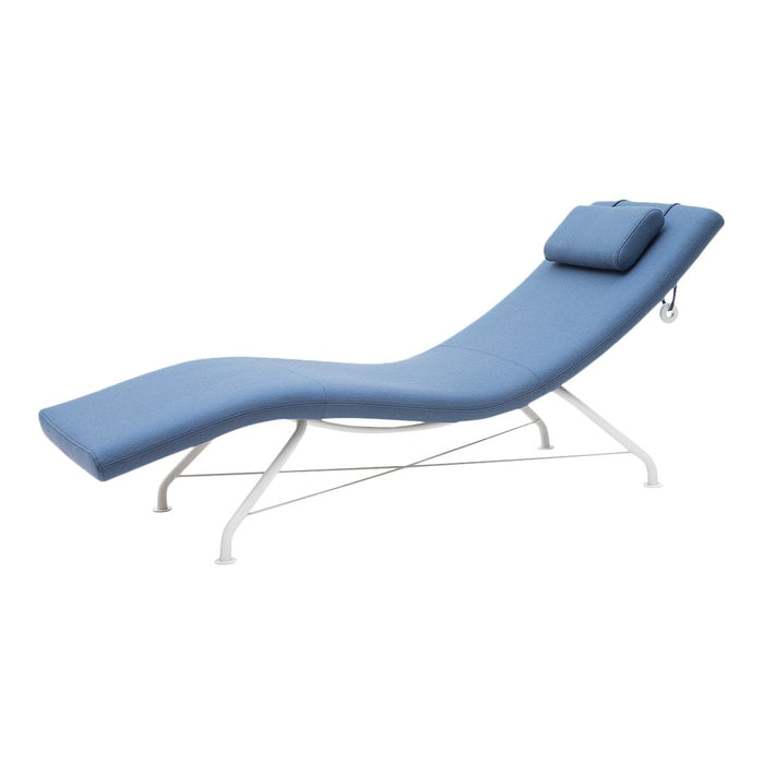 Blue chaise lounge with a smooth finish, complemented by a white metal frame and a matching headrest pillow.