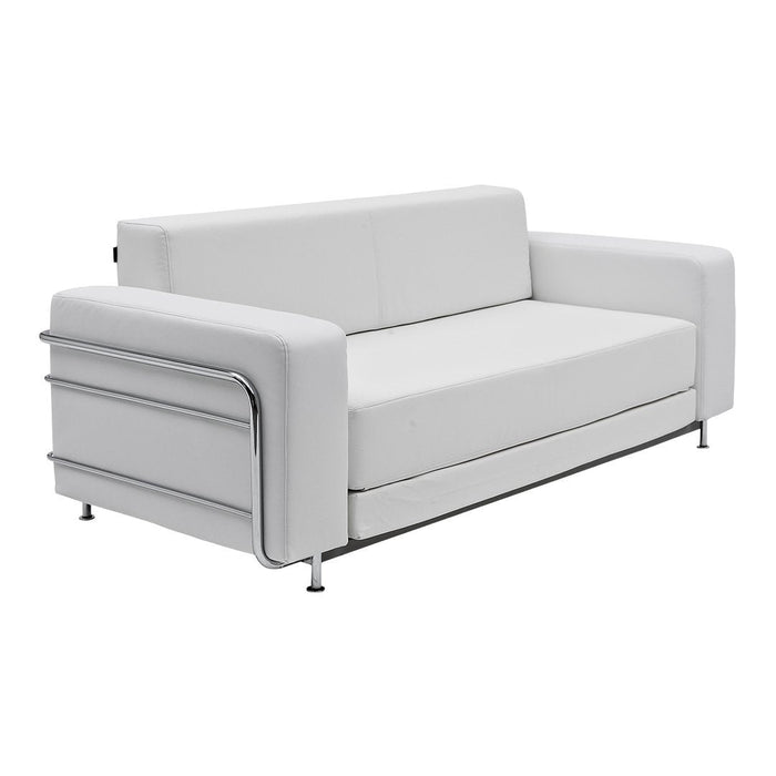 Modern white sofa with sleek chrome accents and minimalist design, perfect for contemporary decor.