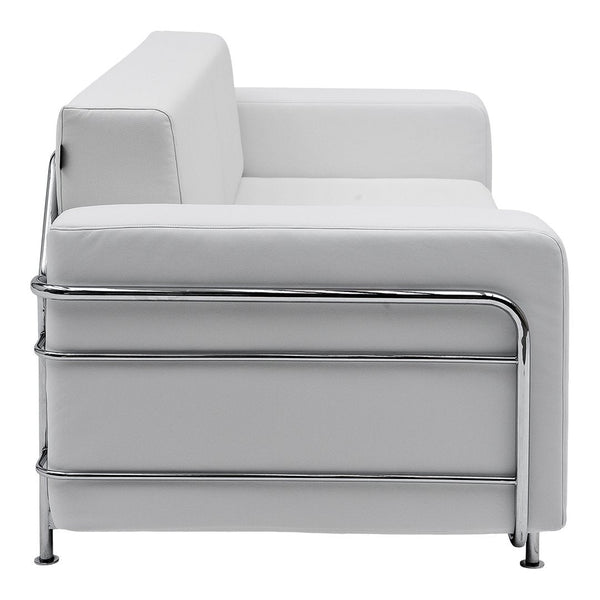 White modern sofa with sleek chrome accents and minimalist design, featuring smooth, clean lines and a contemporary aesthetic.