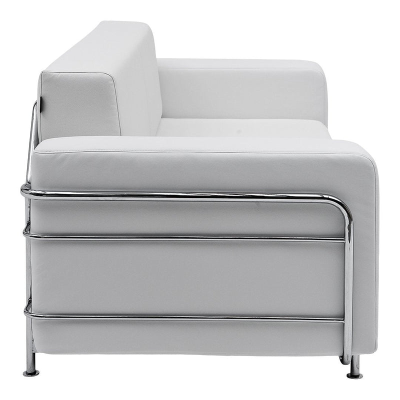 White modern sofa with sleek chrome accents and minimalist design, featuring smooth, clean lines and a contemporary aesthetic.