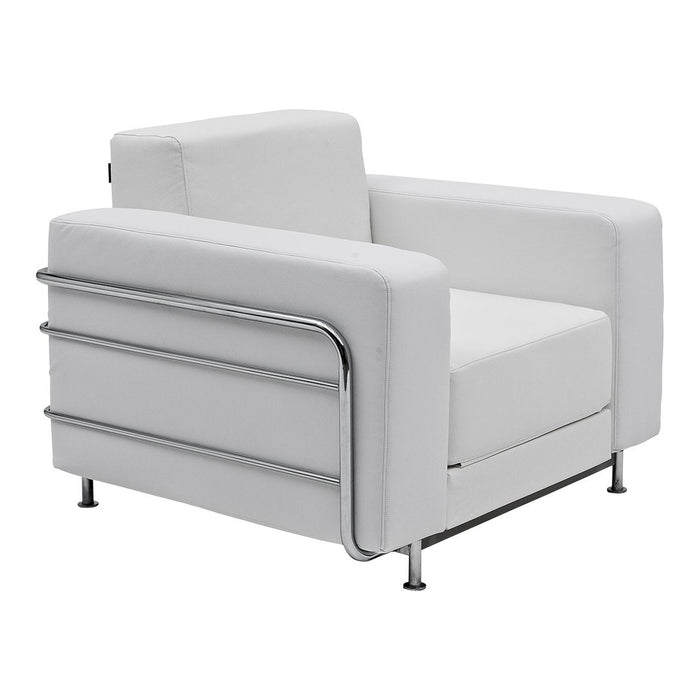 Modern white armchair with sleek chrome accents and minimalist design. Perfect for contemporary decor.