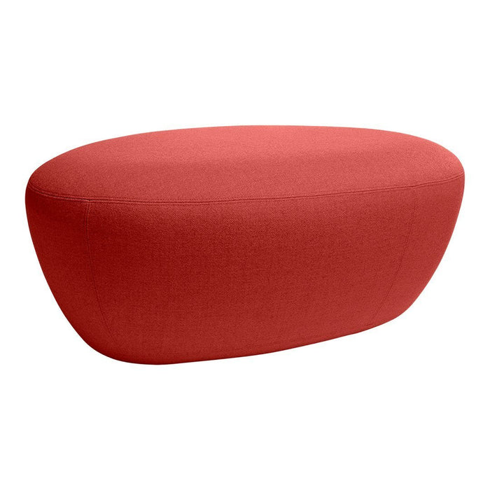 Red modern ottoman with a smooth, rounded shape and solid color fabric. Ideal for contemporary decor.