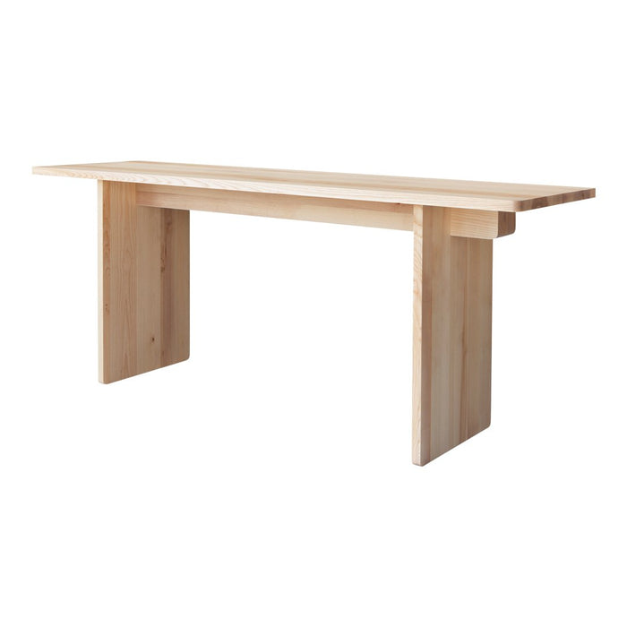 Natural wood dining table in light beige with a smooth finish and simple, clean lines. Ideal for modern decor.