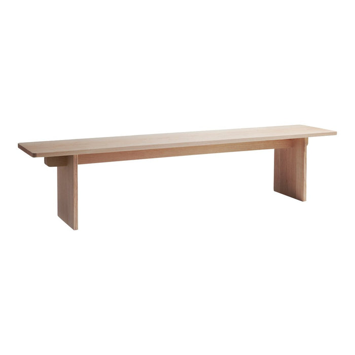 Light natural wood bench with a smooth finish and minimalist design, featuring clean lines and no visible patterns.