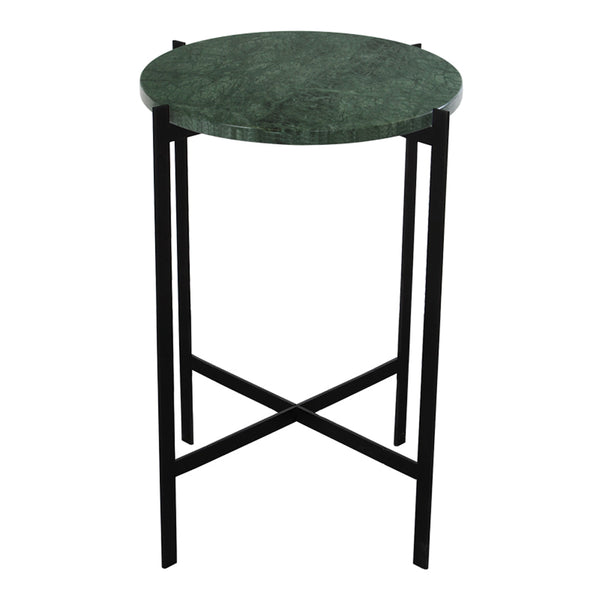 Round green marble top accent table with sleek black metal legs. Perfect blend of modern elegance and functionality.