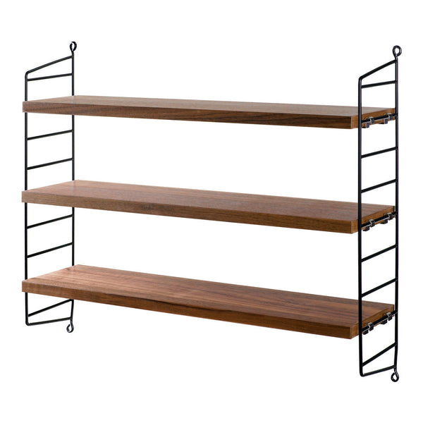 Wooden shelves with rich brown tones, complemented by sleek black metal frames. Minimalist, modern design.