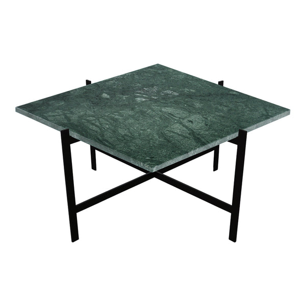 Square green marble tabletop with natural veining, featuring a sleek black metal base for a modern look.