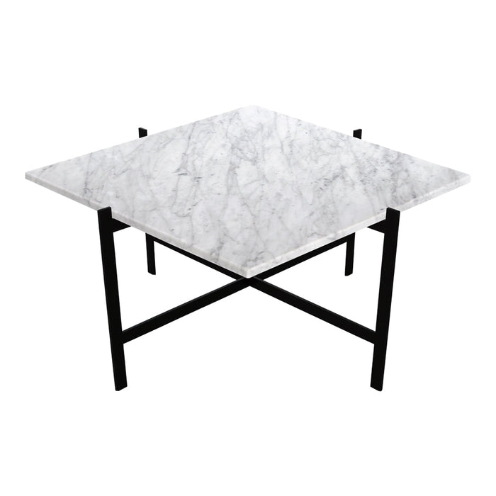 Square white marble table with a subtle gray veining pattern, set on a sleek black metal base.