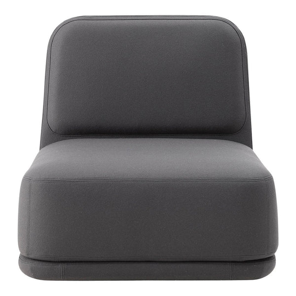 Gray upholstered chair with a sleek, minimalist design and smooth, modern lines. Perfect for contemporary decor.