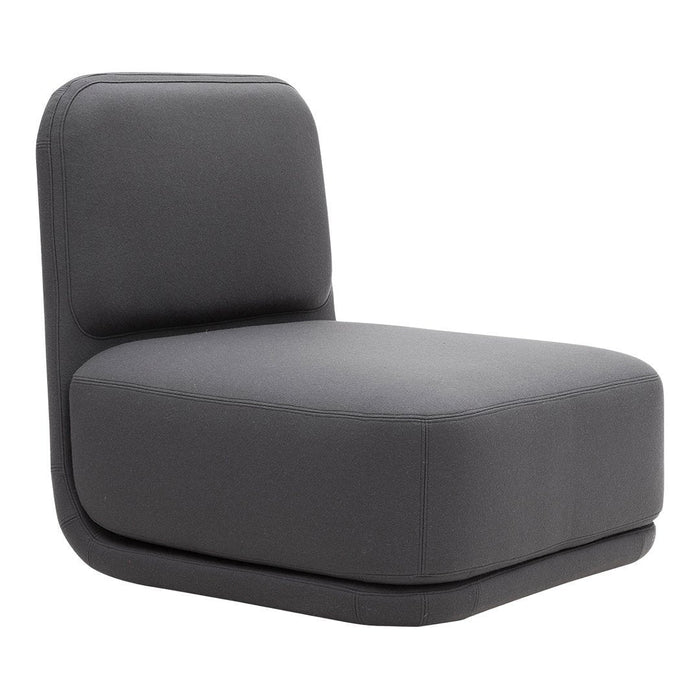 "Modern charcoal gray upholstered chair with a sleek, minimalist design and smooth contours."