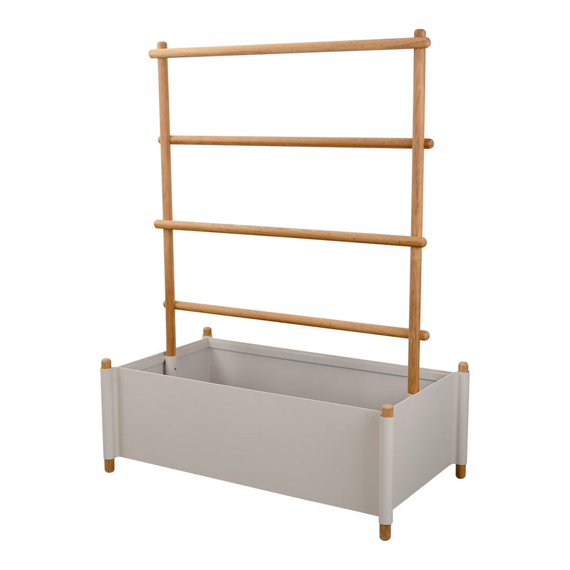 Gray planter box with natural wooden slats and accents, featuring a minimalist design ideal for modern decor.