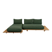 Dark green cushions on a wooden platform, featuring a sleek, minimalist design and natural wood accents.