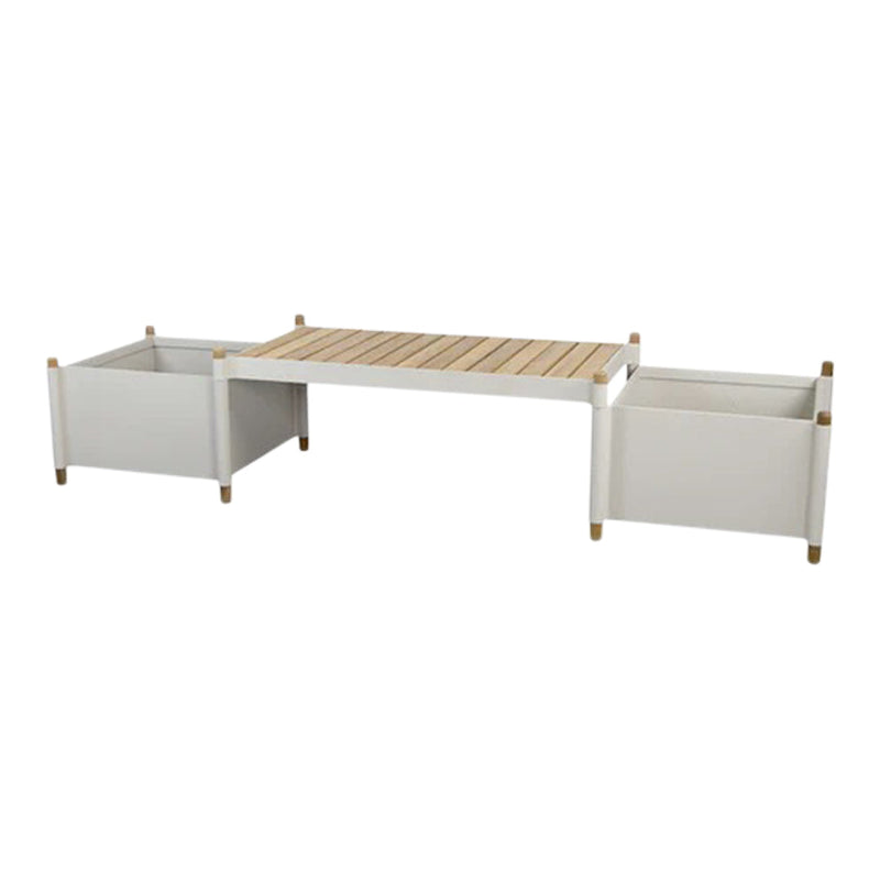 White wooden planter table with natural wood slats and accents. Features two side planters for versatile gardening.