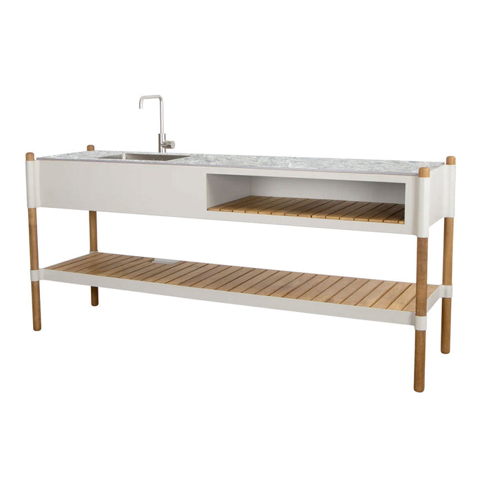 White outdoor cabinet with a marble top and bamboo accents, featuring a spacious lower wooden shelf and clean lines.