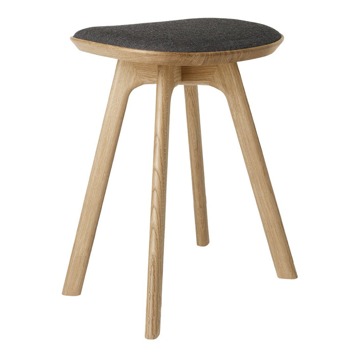 "Natural wood stool with a sleek, gray upholstered seat and minimalist design, perfect for modern decor."