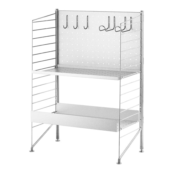 Silver metal shelving unit with a perforated back, featuring horizontal stripes and multiple hooks. Ideal for organizing.