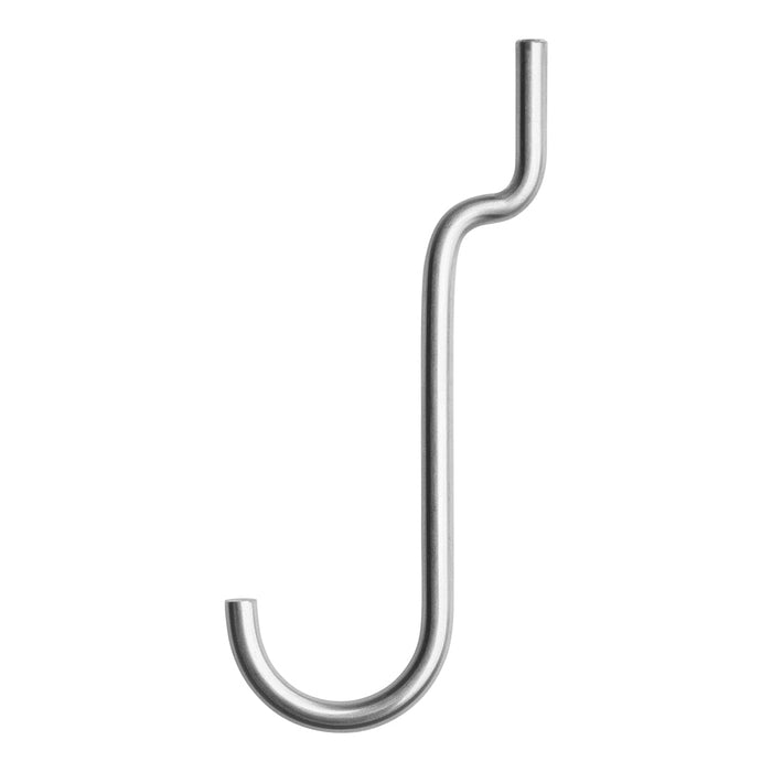 Stylish silver metal hook with a sleek, curved design, perfect for hanging items for a modern look.