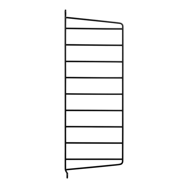 Black metal wall rack with a minimalist design and horizontal slats for versatile storage.