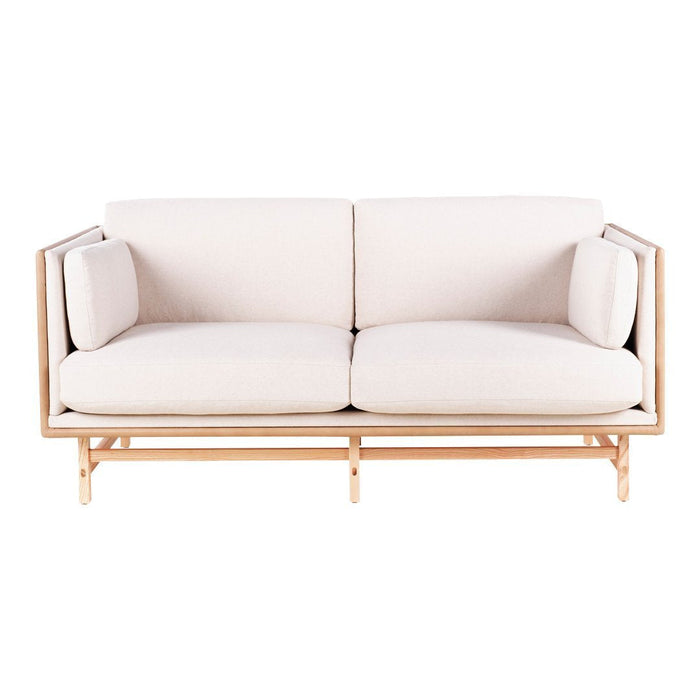 Beige upholstered sofa with a minimalist wooden frame and soft, plush cushions for a modern look.