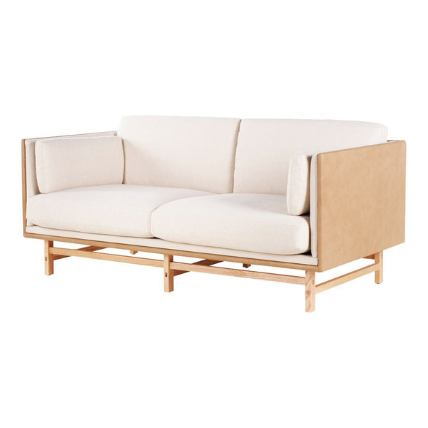 Light beige fabric sofa with minimalist wooden frame and clean lines, perfect for modern decor.