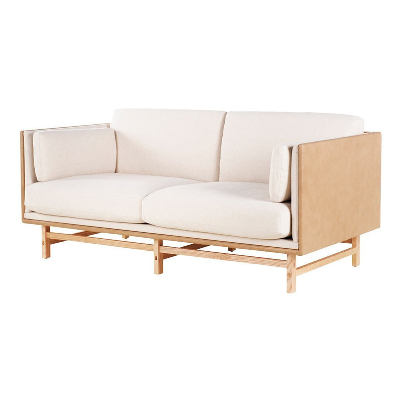Light beige fabric sofa with minimalist wooden frame and clean lines, perfect for modern decor.