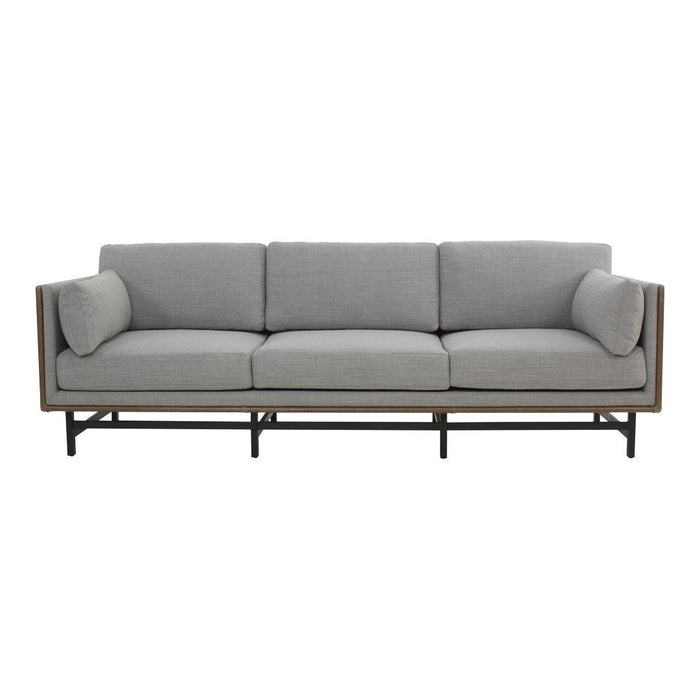 Gray fabric sofa with a sleek wood frame and black metal legs, featuring a minimalist design and subtle textures.