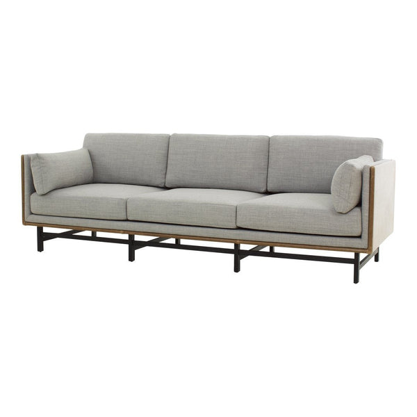 Stylish gray fabric sofa with clean lines and a smooth texture, accented by a wooden frame and black metal legs.