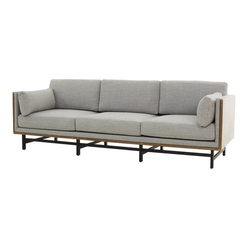 Stylish gray fabric sofa with clean lines and a smooth texture, accented by a wooden frame and black metal legs.