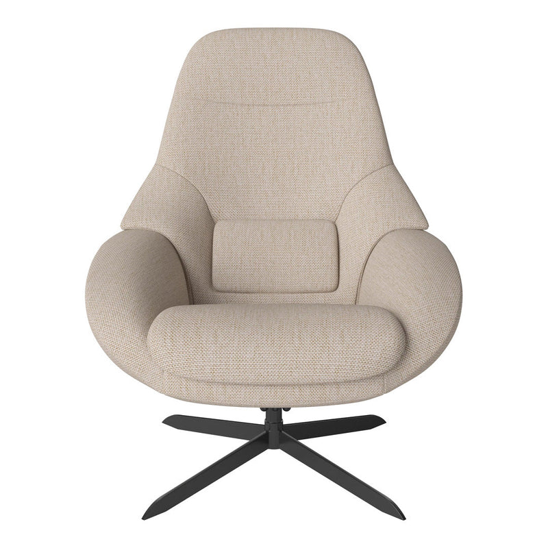 Beige upholstered lounge chair with subtle textured pattern and sleek black metal base. Ideal for modern interiors.